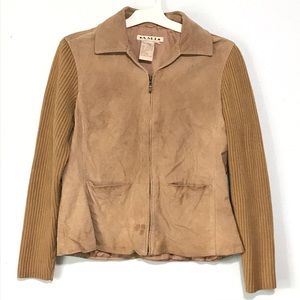 A.M.I. Leather Jacket with Sweater Arms Womens Size L Tan Brown Zip Up Vintage